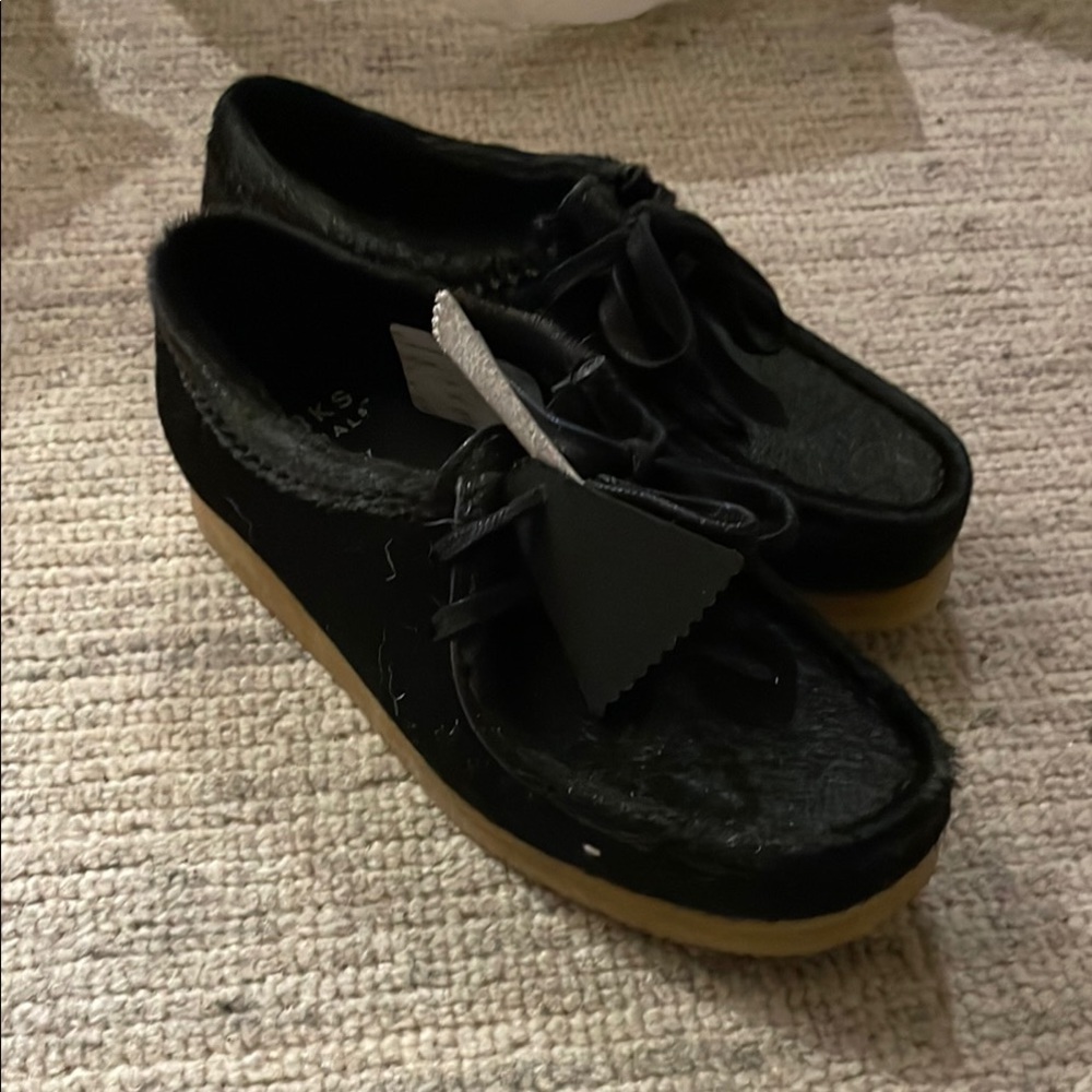 Black calf hair Clarks Wallabees with Tan Sole